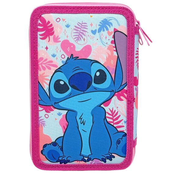 3-Fach Federmäppchen für Stitch Fan – 44-teilig, komplett gefüllt, inklusive Stifte, Bleistifte, Filzstifte, Buntstifte, Scheren – Grundschule und Geschenk – Offizielles Gadget für Kinder