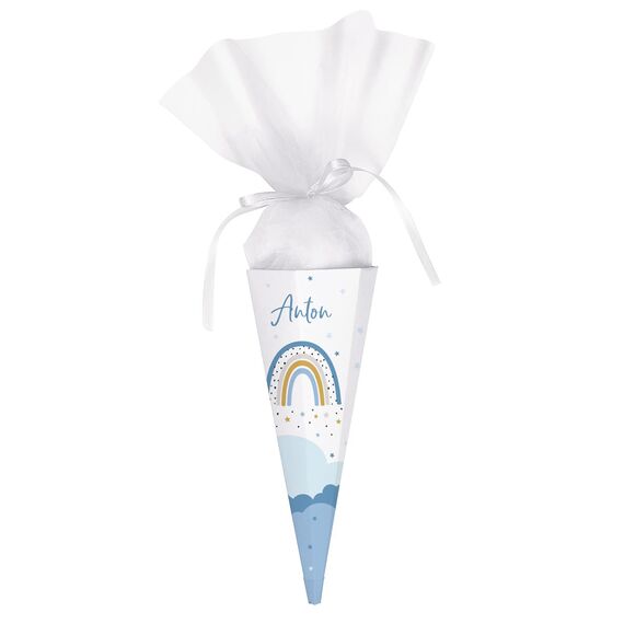 Striefchen® Schultüte Regenbogen mit Namen zur Einschulung 2024 Blau - 28 cm