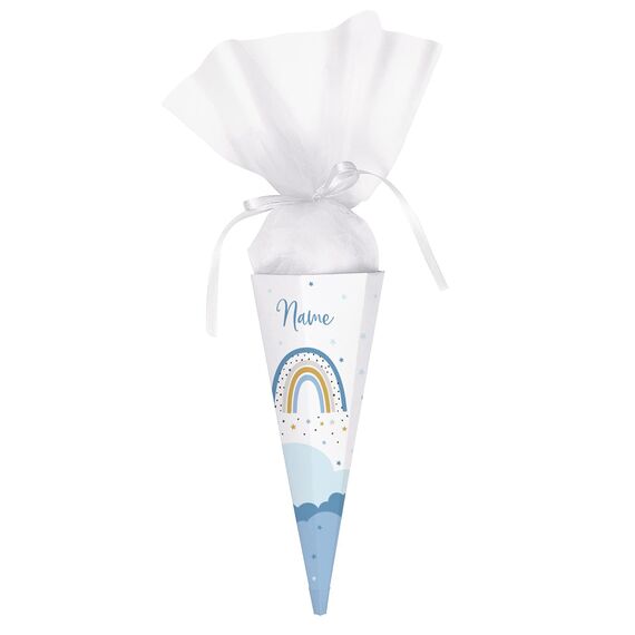 Striefchen® Schultüte Regenbogen mit Namen zur Einschulung 2024 Blau - 28 cm