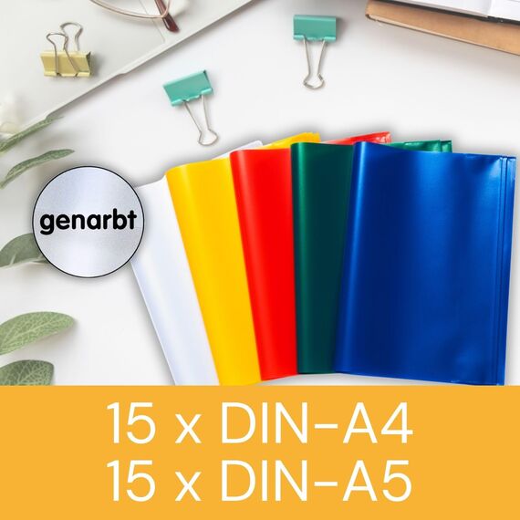 perfect line - 50 Hefthüllen DIN-A4 & A5, 5 Farben - Heftumschlag transparent genarbt - je 25x Heftschoner A4 & A5 aus recyclebarem PP, Dokumentenecht (Set zu je 25 Stk.)