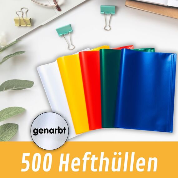 perfect line - 500 Hefthüllen DIN A5, 5 Farben - Heftumschlag transparent genarbt - Heftschoner aus recyclebarem PP, Dokumentenecht, (20 Sets á 25 Stk.)