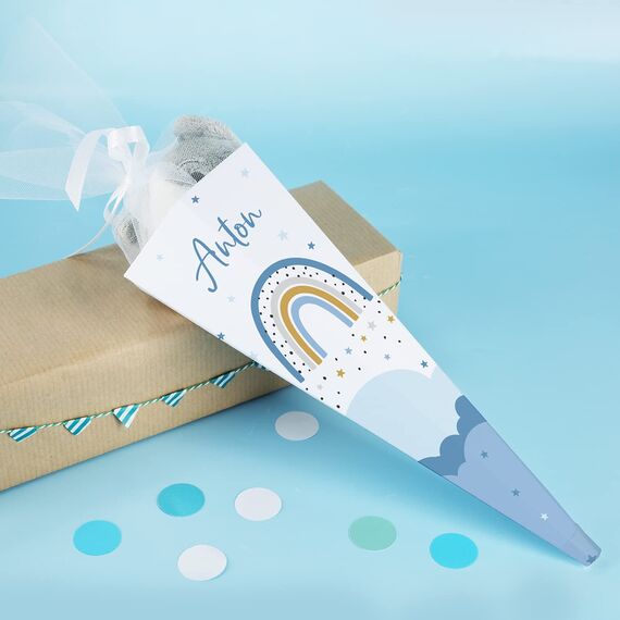 Striefchen® Schultüte Regenbogen mit Namen zur Einschulung 2024 Blau - 28 cm