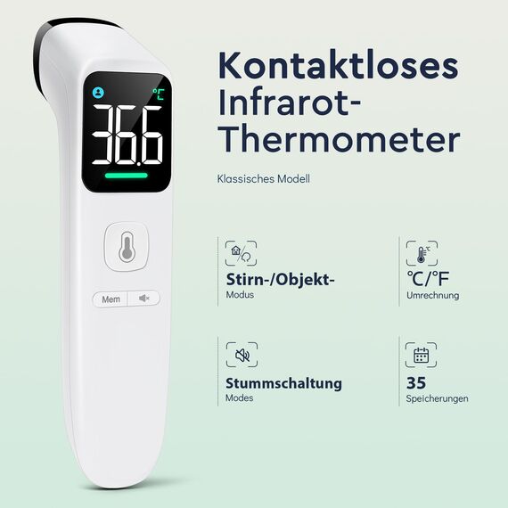 Fieberthermometer Kontaktlos für Babys, Kinder und Erwachsene, Infrarot-Stirnthermometer mit ultraklarem LED-Display, hohe Genauigkeit und Fieberalarm - Weiß
