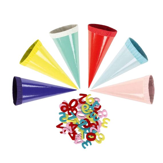Stylex 47163 - Dekotüten, kleine Schultüten, 6 Stück farbig Sortiert, jeweils 12 cm groß, ideal als Dekoration für den Schulanfang, zum Befüllen mit kleinen Süßigkeiten (18 St. Dekotüten mit Ziefern)