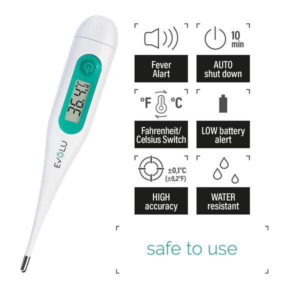 Evolu Wasserfestes Digitalthermometer - Temperaturmessung in Mund, Rektal oder Achsel in 10 Sek fur Babys, Kinder, Erwachsene - hohe Präzision bei 0,1°C - leicht lesbares Display Aufbewahrungsbox