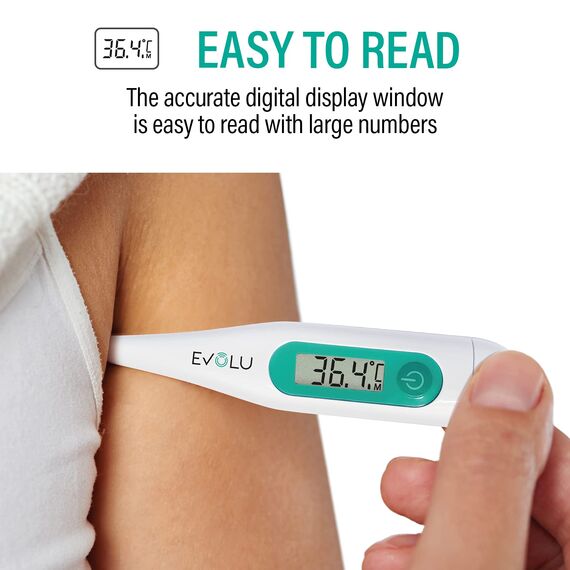 Evolu Wasserfestes Digitalthermometer - Temperaturmessung in Mund, Rektal oder Achsel in 10 Sek fur Babys, Kinder, Erwachsene - hohe Präzision bei 0,1°C - leicht lesbares Display Aufbewahrungsbox