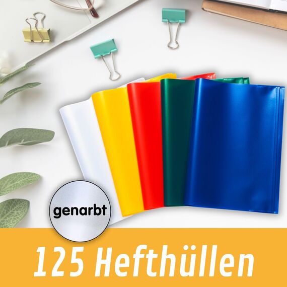 perfect line - 125 Hefthüllen DIN A5, 5 Farben - Heftumschlag transparent genarbt - Heftschoner aus recyclebarem PP, Dokumentenecht (5 Sets (5 x 25 Stk.)