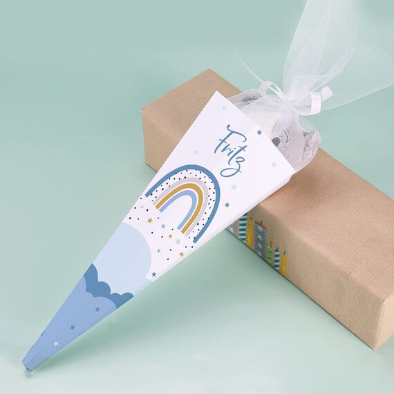 Striefchen® Schultüte Regenbogen mit Namen zur Einschulung 2024 Blau - 28 cm