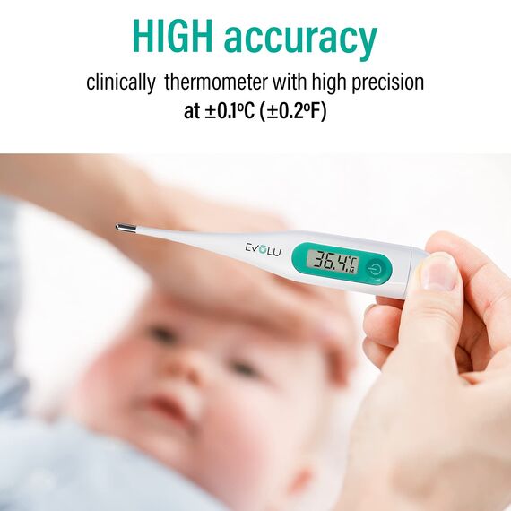 Evolu Wasserfestes Digitalthermometer - Temperaturmessung in Mund, Rektal oder Achsel in 10 Sek fur Babys, Kinder, Erwachsene - hohe Präzision bei 0,1°C - leicht lesbares Display Aufbewahrungsbox