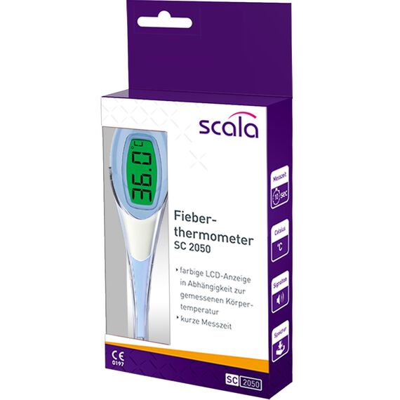 scala SC 2050 Digitales Fieberthermometer – großes, leuchtendes LCD mit Farb-Alarm (grün/gelb/rot) – flexible nickelfreie Spitze, wasserdicht, Batterie wechselbar; für Baby, Kinder, Erwachsene