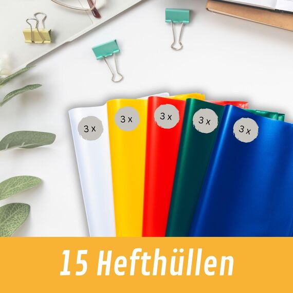 perfect line - 15 Hefthüllen DIN A4 – 5 Farben, glasklar, extra stark – transparente Heftumschläge aus recycelbarem PP, dokumentenecht, säurefrei, langlebig – Heftschoner für Schule & Büro
