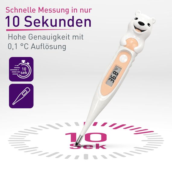 scala SC 44 flex Digitales Fieberthermometer Baby & Kinder – 10 Sek. Messzeit, flexible Spitze, Fieberalarm, wasserdicht – oral, rektal & axillar – Eisbär Motiv