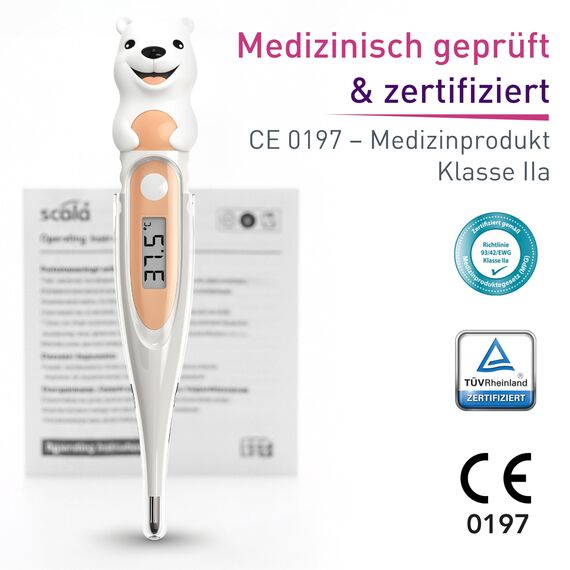 scala SC 44 flex Digitales Fieberthermometer Baby & Kinder – 10 Sek. Messzeit, flexible Spitze, Fieberalarm, wasserdicht – oral, rektal & axillar – Eisbär Motiv