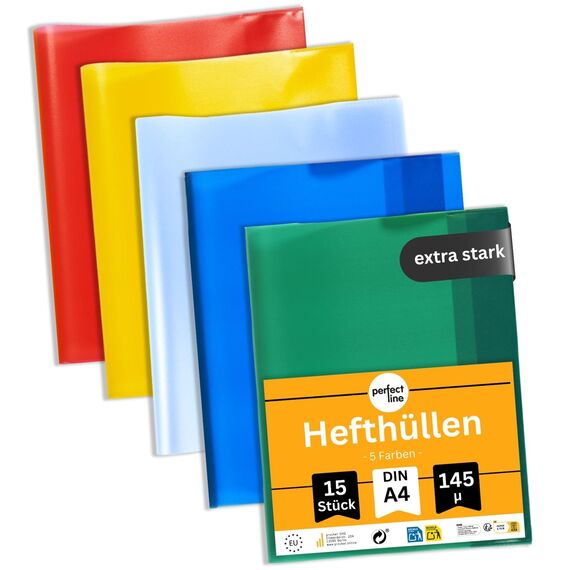 perfect line - 15 Hefthüllen DIN A4 – 5 Farben, glasklar, extra stark – transparente Heftumschläge aus recycelbarem PP, dokumentenecht, säurefrei, langlebig – Heftschoner für Schule & Büro