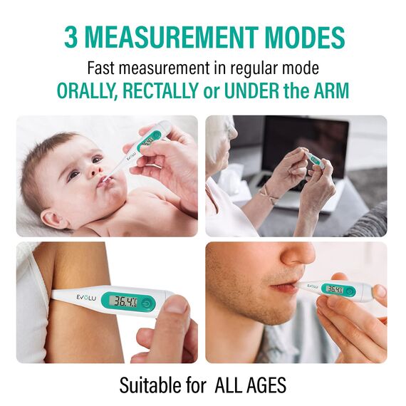 Evolu Wasserfestes Digitalthermometer - Temperaturmessung in Mund, Rektal oder Achsel in 10 Sek fur Babys, Kinder, Erwachsene - hohe Präzision bei 0,1°C - leicht lesbares Display Aufbewahrungsbox
