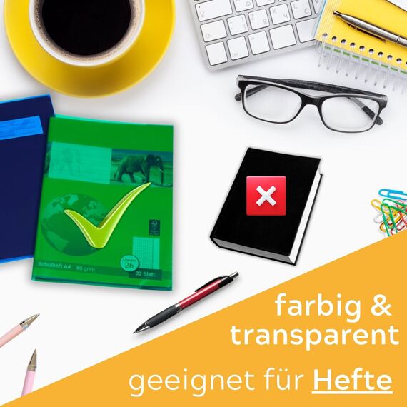 perfect line - 15 Hefthüllen DIN A4 – 5 Farben, glasklar, extra stark – transparente Heftumschläge aus recycelbarem PP, dokumentenecht, säurefrei, langlebig – Heftschoner für Schule & Büro