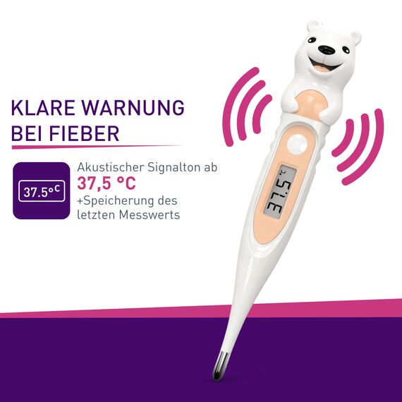 scala SC 44 flex Digitales Fieberthermometer Baby & Kinder – 10 Sek. Messzeit, flexible Spitze, Fieberalarm, wasserdicht – oral, rektal & axillar – Eisbär Motiv