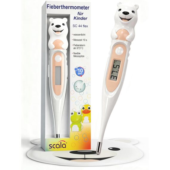 scala SC 44 flex Digitales Fieberthermometer Baby & Kinder – 10 Sek. Messzeit, flexible Spitze, Fieberalarm, wasserdicht – oral, rektal & axillar – Eisbär Motiv