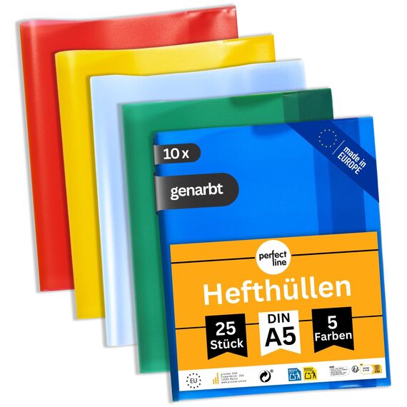 perfect line - 250 Hefthüllen DIN A5, 5 Farben - Heftumschlag transparent genarbt - Heftschoner aus recyclebarem PP, Dokumentenecht (10 Sets (10 x 25 Stk.)
