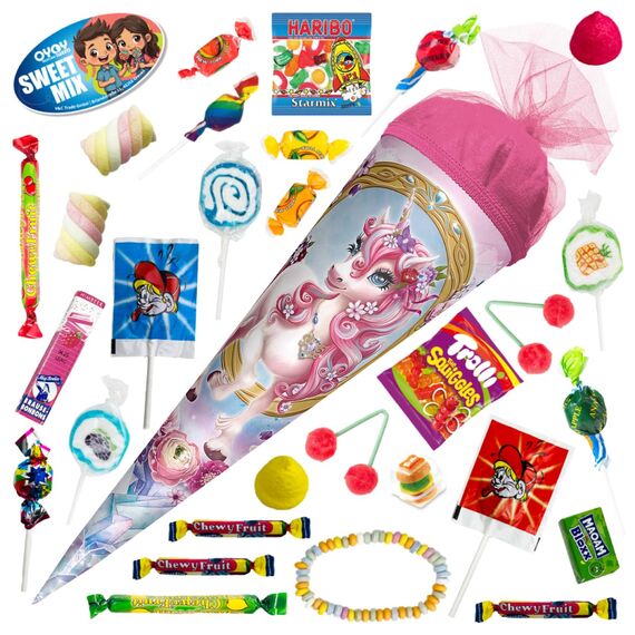 OYOY 35cm Schultüte gefüllt mit Süßigkeiten Mix I Roth Schultüte Einhorn Beauty I kleine Schultüte gefüllt I Geschwister Schultüte I Einschulung Geschenk