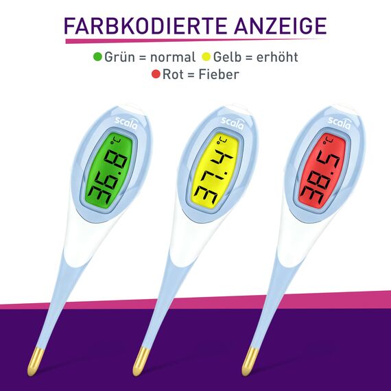 scala SC 2050 Digitales Fieberthermometer – großes, leuchtendes LCD mit Farb-Alarm (grün/gelb/rot) – flexible nickelfreie Spitze, wasserdicht, Batterie wechselbar; für Baby, Kinder, Erwachsene