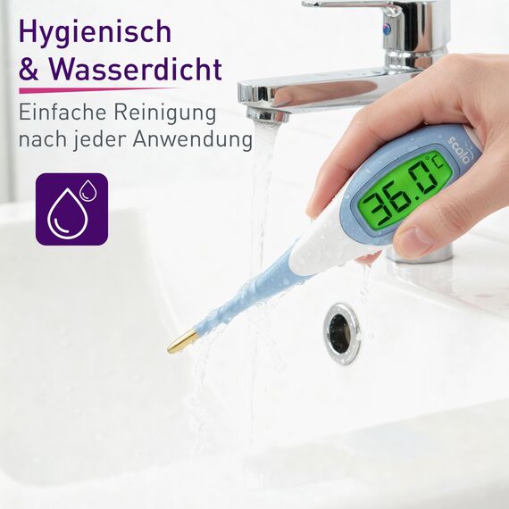 scala SC 2050 Digitales Fieberthermometer – großes, leuchtendes LCD mit Farb-Alarm (grün/gelb/rot) – flexible nickelfreie Spitze, wasserdicht, Batterie wechselbar; für Baby, Kinder, Erwachsene