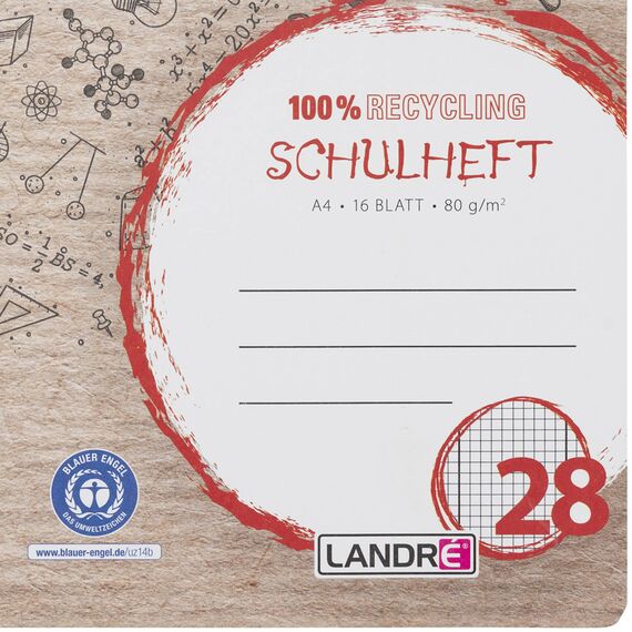 Landré Schulheft A4 Recycling, 16 Blatt, Lin. 28, kariert mit Rand, 10 Stück
