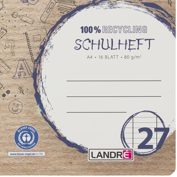 Landré Schulheft A4 Recycling, 16 Blatt, Lin. 27, liniert mit Rand, 10 Stück