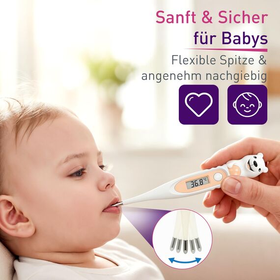 scala SC 44 flex Digitales Fieberthermometer Baby & Kinder – 10 Sek. Messzeit, flexible Spitze, Fieberalarm, wasserdicht – oral, rektal & axillar – Eisbär Motiv