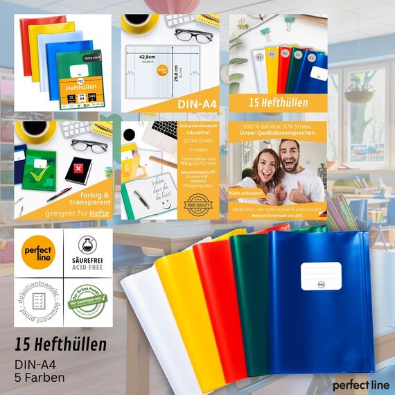 perfect line - 15 Hefthüllen DIN A4 – 5 Farben, glasklar, extra stark – transparente Heftumschläge aus recycelbarem PP, dokumentenecht, säurefrei, langlebig – Heftschoner für Schule & Büro