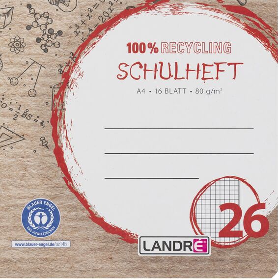 Landré Schulheft A4 Recycling, 16 Blatt, Lin.26, kariert mit Rand, 10 Stück