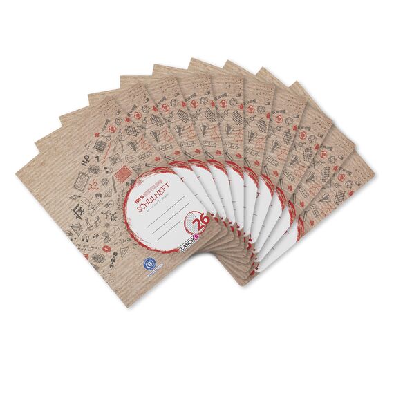 Landré Schulheft A4 Recycling, 16 Blatt, Lin.26, kariert mit Rand, 10 Stück