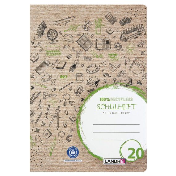 Landré Schulheft A4 Recycling, 16 Blatt, Lineatur 20, blanko, 10 Stück