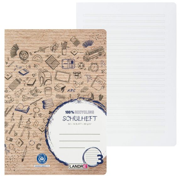 Landré Schulheft A4 Recycling, 16 Blatt, Lineatur 3, liniert, 10 Stück