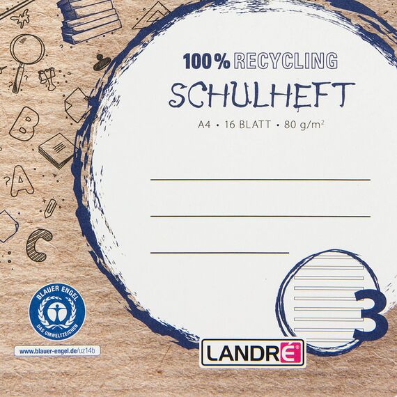 Landré Schulheft A4 Recycling, 16 Blatt, Lineatur 3, liniert, 10 Stück