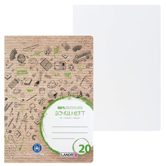 Landré Schulheft A4 Recycling, 16 Blatt, Lineatur 20, blanko, 10 Stück