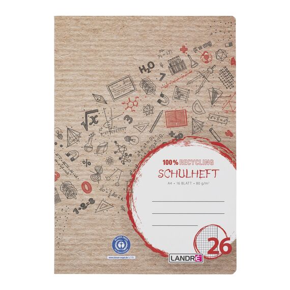 Landré Schulheft A4 Recycling, 16 Blatt, Lin.26, kariert mit Rand, 10 Stück