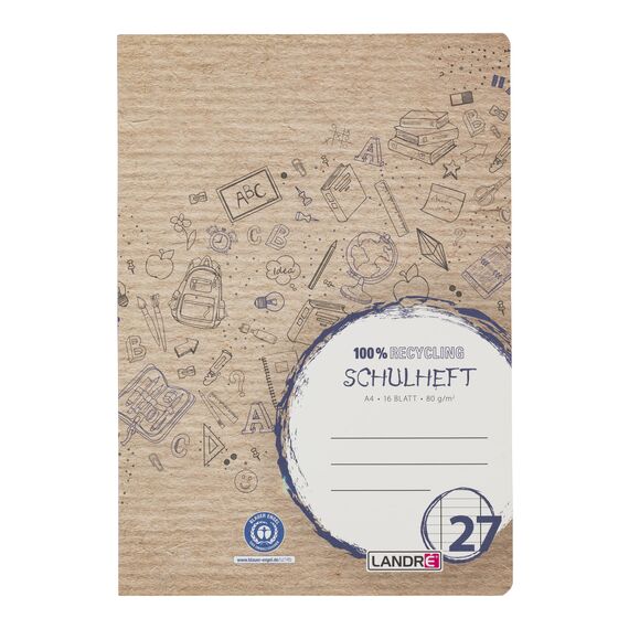 Landré Schulheft A4 Recycling, 16 Blatt, Lin. 27, liniert mit Rand, 10 Stück