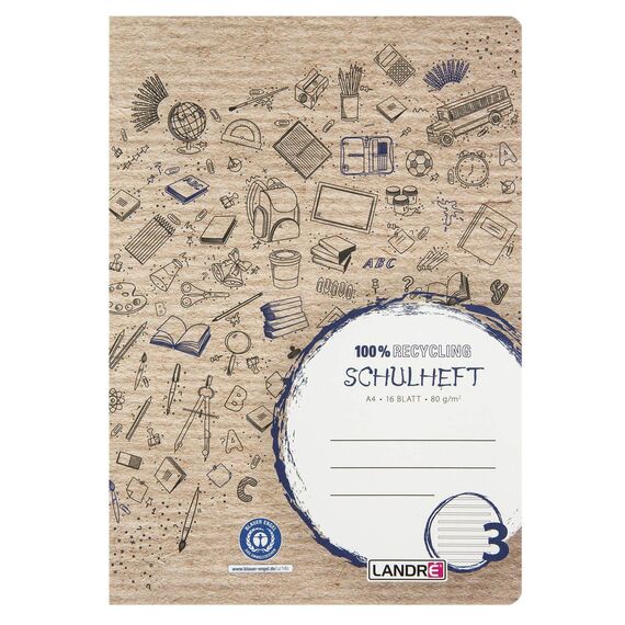 Landré Schulheft A4 Recycling, 16 Blatt, Lineatur 3, liniert, 10 Stück