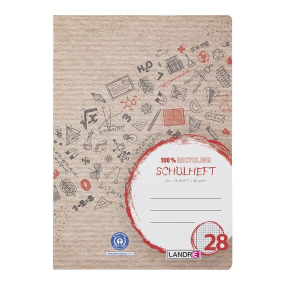 Landré Schulheft A4 Recycling, 16 Blatt, Lin. 28, kariert mit Rand, 10 Stück