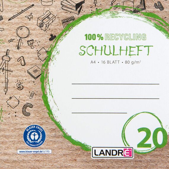 Landré Schulheft A4 Recycling, 16 Blatt, Lineatur 20, blanko, 10 Stück
