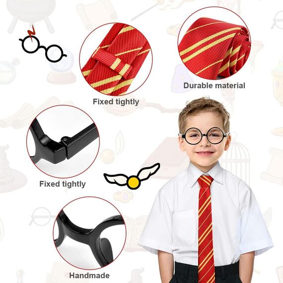 Aomig Zauberer Krawatte Brille Kostüm für Jungen Mädchen, Cosplay Krawatte Runden Brille für Kinder Cosplay Fasching Karneval Halloween Party Kostüme Accessoires Set (Rot + Brille)