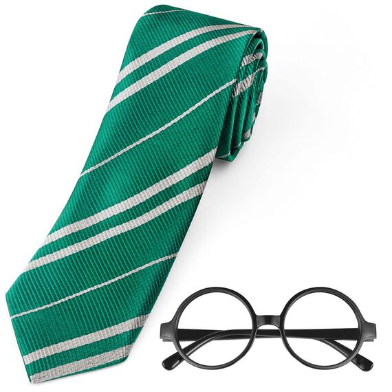 Aomig Zauberer Krawatte Brille Kostüm für Jungen Mädchen, Cosplay Krawatte Runden Brille für Kinder Cosplay Fasching Karneval Halloween Party Kostüme Accessoires Set (Grün + Brille)