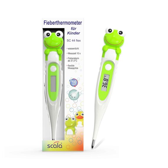 scala SC 44 flex Digitales Fieberthermometer Baby & Kinder – 10 Sek. Messzeit, flexible Spitze, Fieberalarm, wasserdicht – oral, rektal & axillar – Frosch Motiv