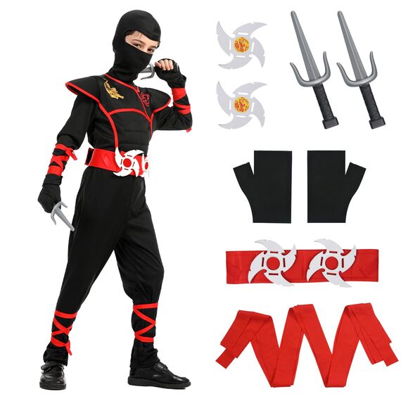 Aomig Ninja Kostüm Set für Kinder - 13-Teiliges Kinderkostüm, Anzug für Jungen und Mädchen, Zubehör für Halloween, Verkleidung, Karneval, Party, Cosplay - Rot Schwarz