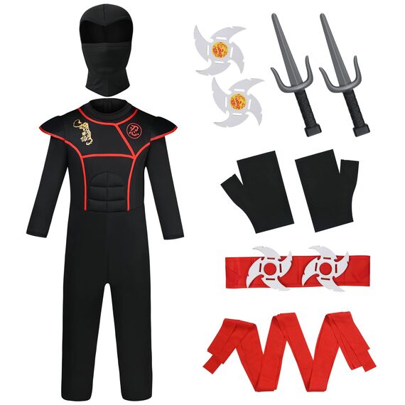 Aomig Ninja Kostüm Set für Kinder - 13-Teiliges Kinderkostüm, Anzug für Jungen und Mädchen, Zubehör für Halloween, Verkleidung, Karneval, Party, Cosplay - Rot Schwarz