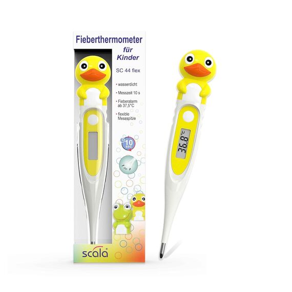 scala SC 44 flex Digitales Fieberthermometer Baby & Kinder – 10 Sek. Messzeit, flexible Spitze, Fieberalarm, wasserdicht – oral, rektal & axillar – Ente Motiv