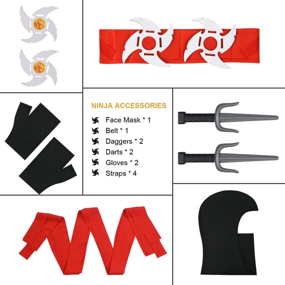 Aomig Ninja Kostüm Set für Kinder - 13-Teiliges Kinderkostüm, Anzug für Jungen und Mädchen, Zubehör für Halloween, Verkleidung, Karneval, Party, Cosplay - Rot Schwarz