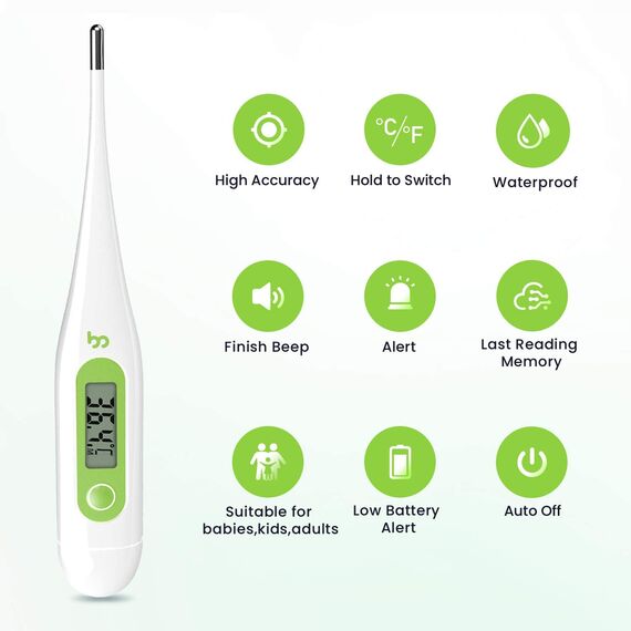 Digitales Fieberthermometer, Rektal, Oral, Achselthermometer Fieber Thermometer für Baby Kinder Erwachsene, Genaue und Schnelle Ablesungen, Wasserdichte Sonde (grasgrün-2 packungen)