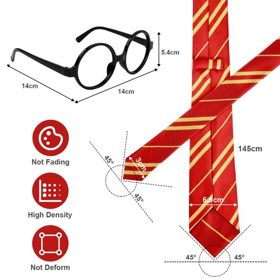 Aomig Zauberer Krawatte Brille Kostüm für Jungen Mädchen, Cosplay Krawatte Runden Brille für Kinder Cosplay Fasching Karneval Halloween Party Kostüme Accessoires Set (Rot + Brille)